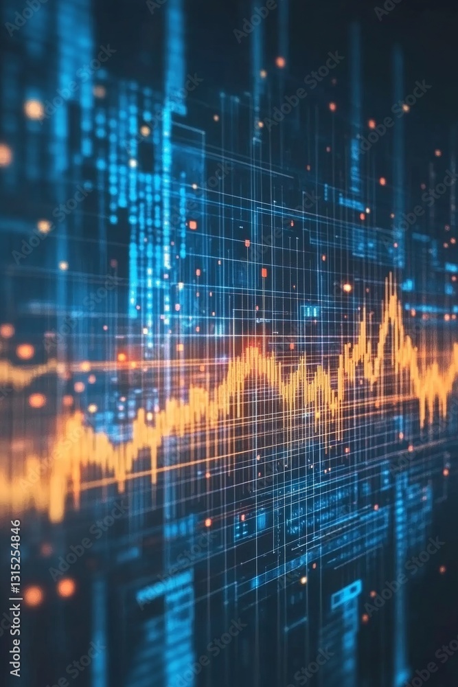 Poster dynamic digital visualization of sound waveform with blue and orange color scheme