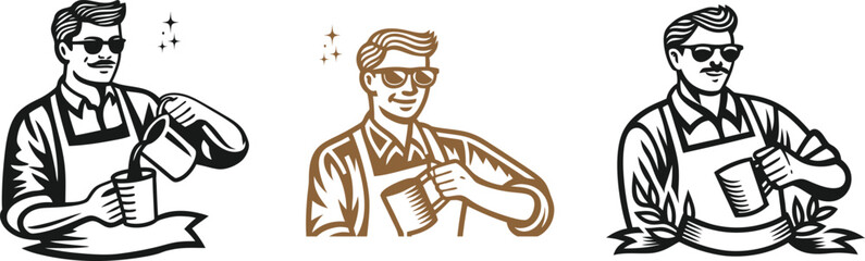 set of Coffee shop emblem design template for restaurant black vector, engraving sketch ink poster black illustration etching style tattoo, Restaurant, Coffee, Sunglasses, set, Shop, Man, Cafe, 