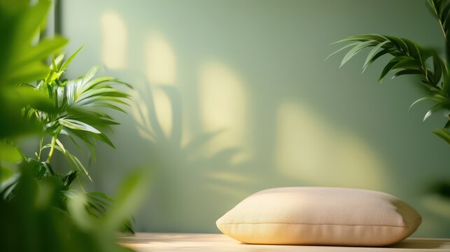 A tranquil meditation corner featuring a cushion, soft lighting, and a calming backdrop, perfect for mindfulness planning, creating an inviting space for relaxation and focus.