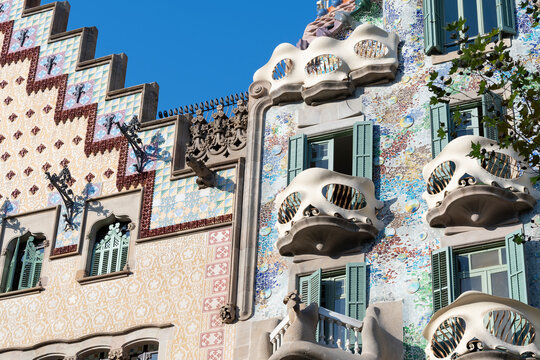 Upper exterior facades of Casa Amatller and Casa Batll&oacute;, Barcelona, Spain