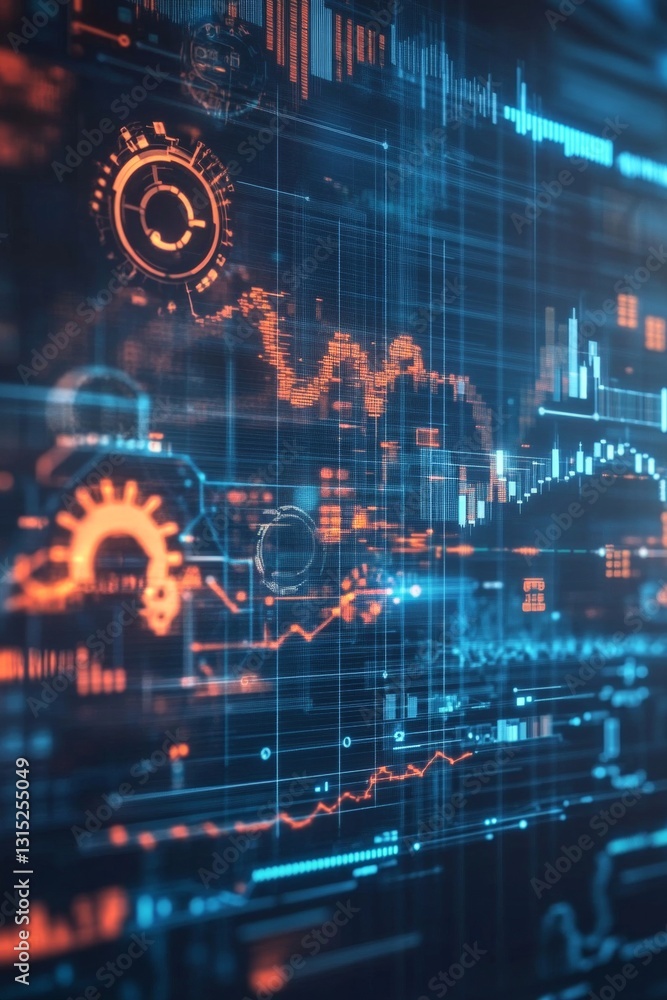 Poster abstract digital data visualization with graphs and metrics in blue and orange color scheme