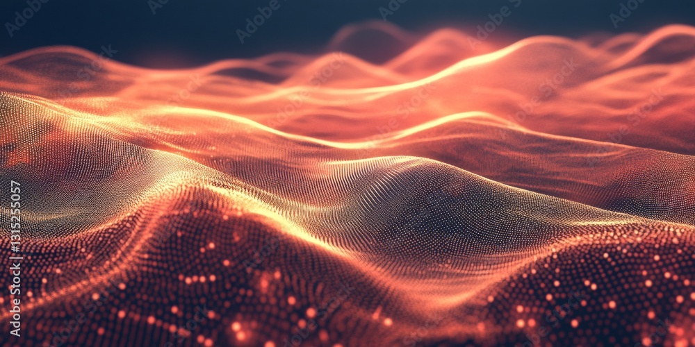 Poster dynamic abstract landscape with flowing waves illuminated by shimmering lights in red and orange