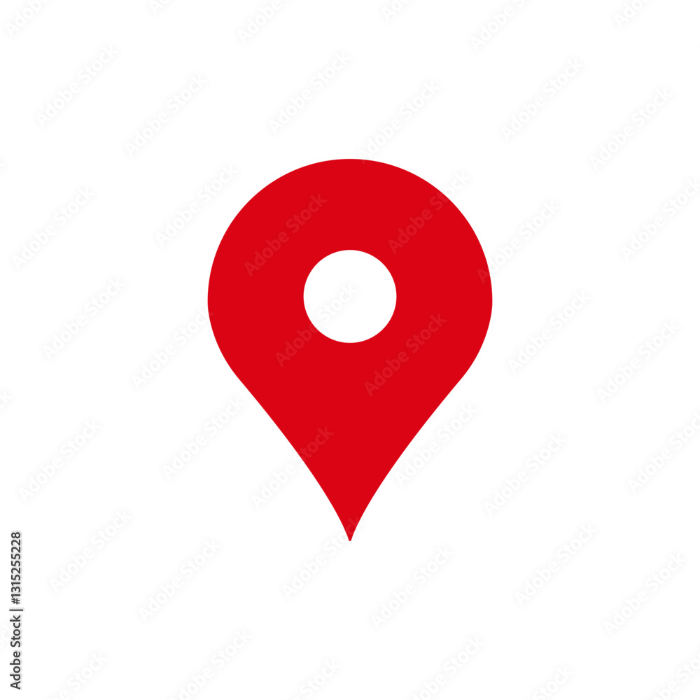Poster a bold red pin icon used to denote a location, commonly seen in maps or navigation applications.