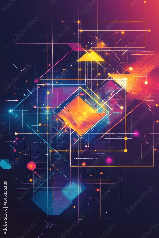 Poster intricate abstract geometric design featuring vibrant colors and dynamic light patterns