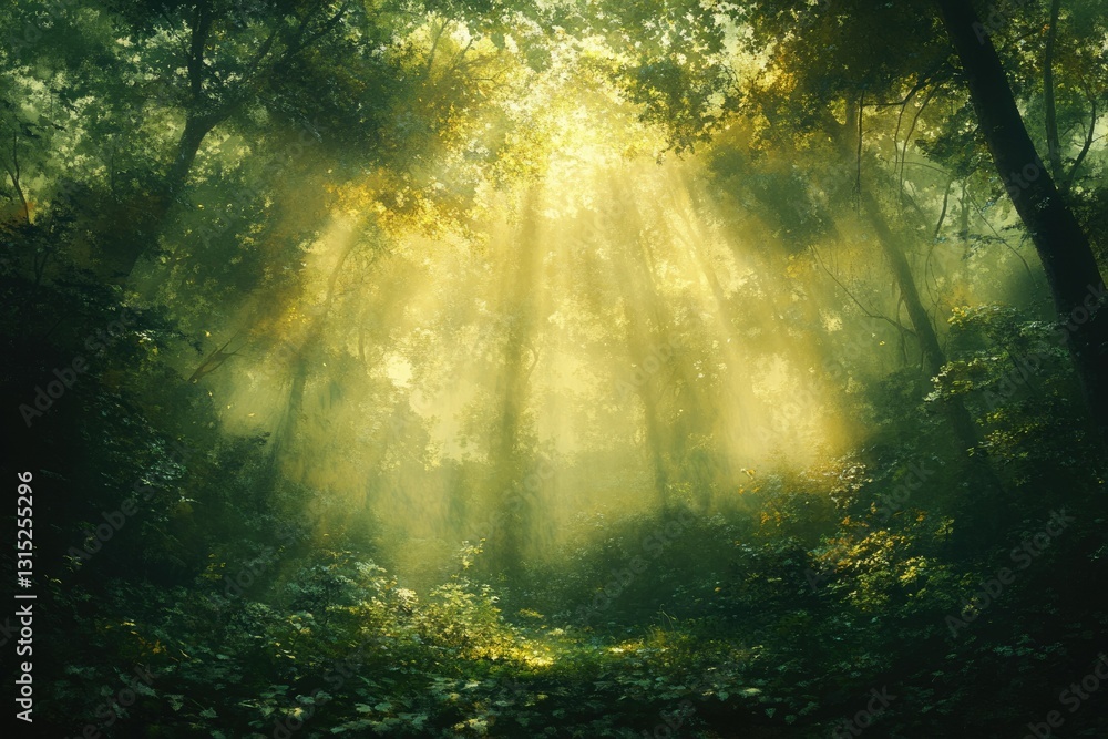 Poster sunbeams pierce through a misty, verdant forest, creating a magical, ethereal atmosphere.