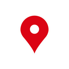 A bold red pin icon used to denote a location, commonly seen in maps or navigation applications.