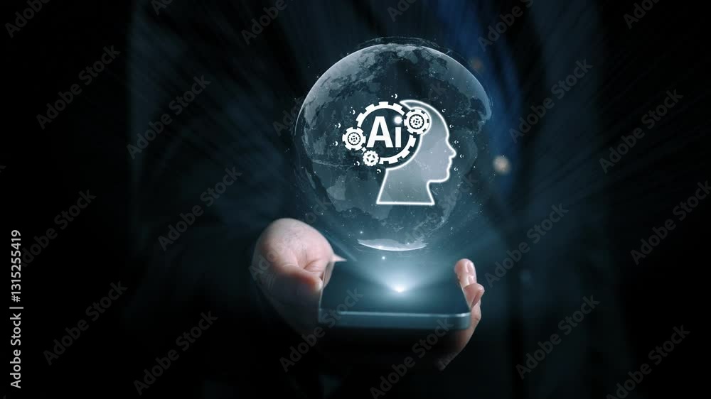 Poster human interact with ai artificial intelligence brain processor in concept of ai artificial intellige