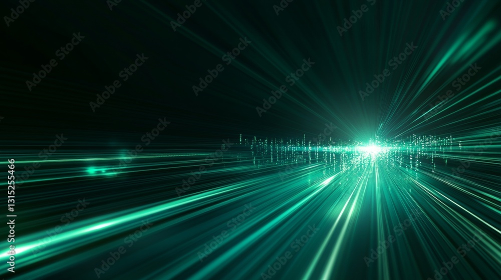 Poster abstract light trails in green color creating a dynamic motion effect in a digital space