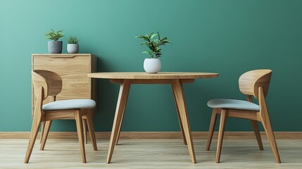 A chic, contemporary dining space with green walls, wooden furniture, and natural decor, offering a warm and welcoming ambiance