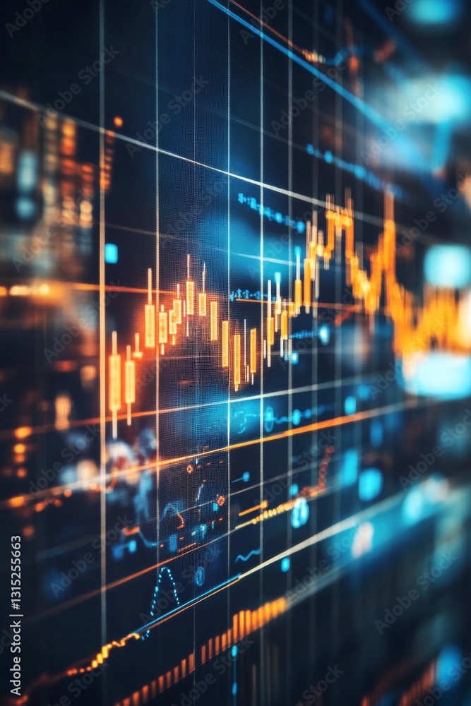 Poster abstract digital data visualization with financial graphs screen displaying market trends