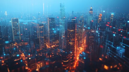 Fototapeta premium Aerial View of a Vibrant Neon Cityscape at Night with Beautiful Illuminated Skyscrapers