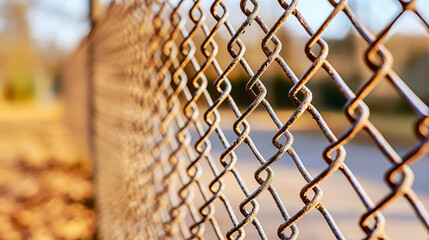 Fototapeta premium Weathered Chain-Link Fence with Shadows and Blurred Background