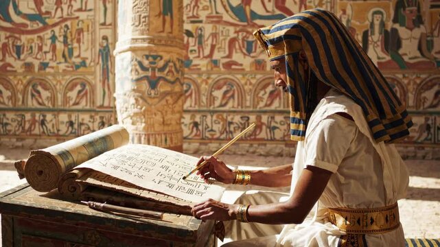 Egyptian Scribe Painting Hieroglyphs on Papyrus Ancient Knowledge and Wisdom Concept 4K Video