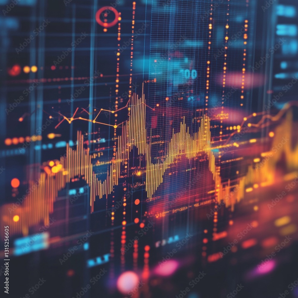 Poster dynamic data visualization with colorful graphs and digital interface representing market trends