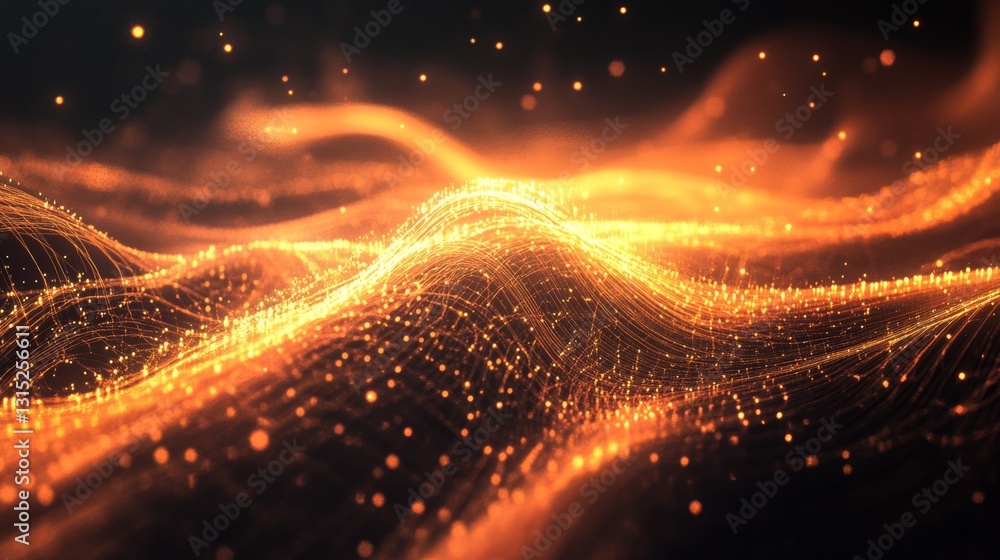 Poster dynamic waves of glowing orange particles creating an abstract digital atmosphere