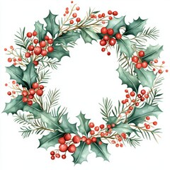 Naklejka premium A cheerful wreath crafted from greenery, holly leaves, and red berries, perfect for holiday decor