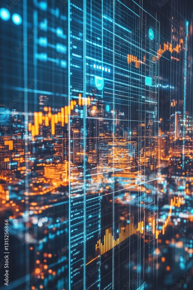 Poster abstract digital financial data analysis display with graphs and market trends in blue and orange