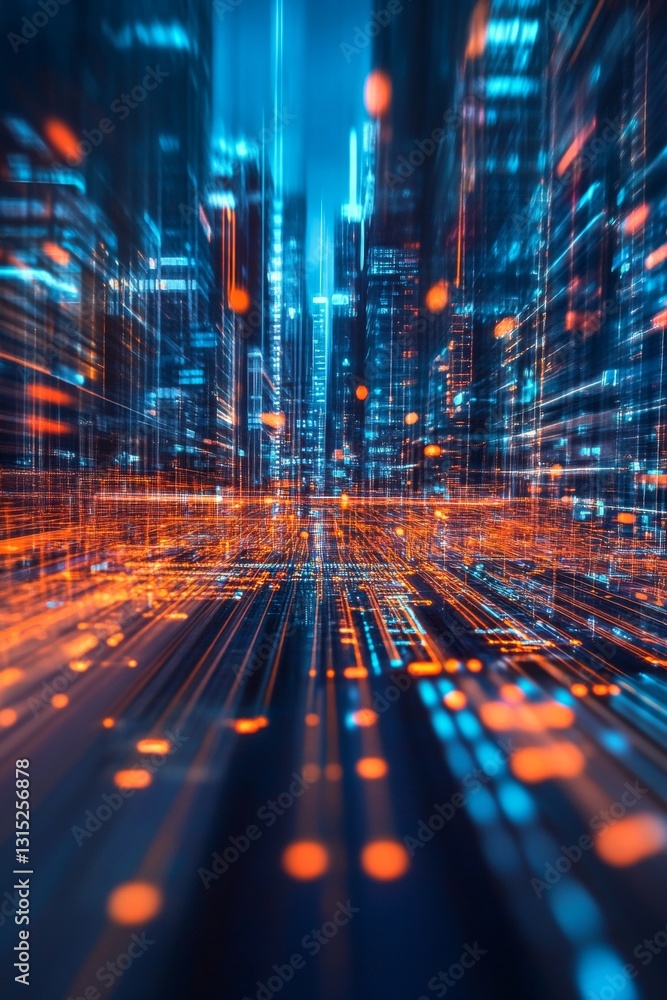 Poster futuristic abstract cityscape with glowing lights and digital trails representing data movement