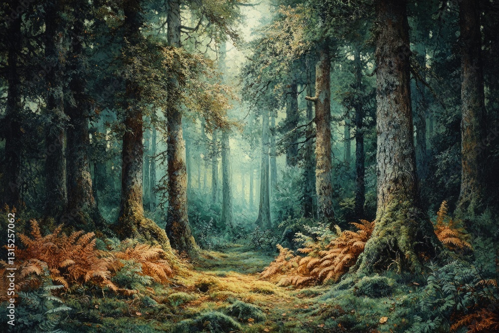 Poster a sunlit path winds through a dense, mossy forest, tall trees and ferns lining the way.