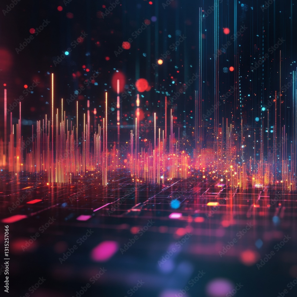 Poster colorful digital data visualization with vibrant light particles and dynamic lines in abstract space