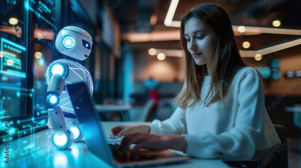 Poster woman interacts with artificial intelligence technology while using laptop in a modern environment