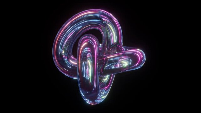 seamless 3d animation. Iridescent glass tangled torus, reflecting neon light, continuously spinning in dark space. Minimalist geometric rotating object isolated on black background