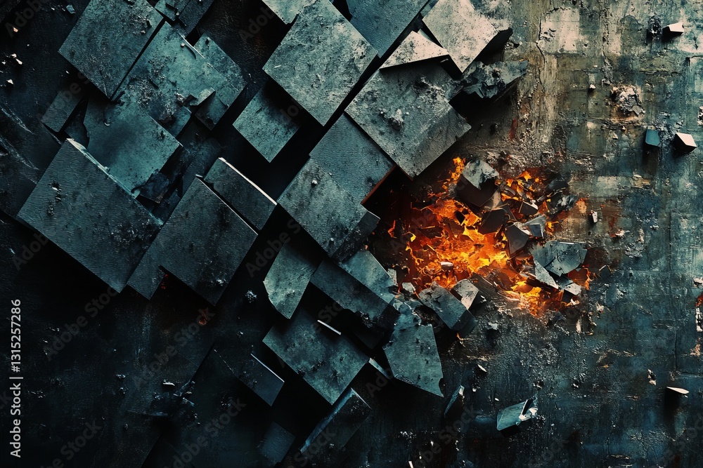 Poster this captivating abstract image features a fragmented surface with fiery glow peeking through, set a