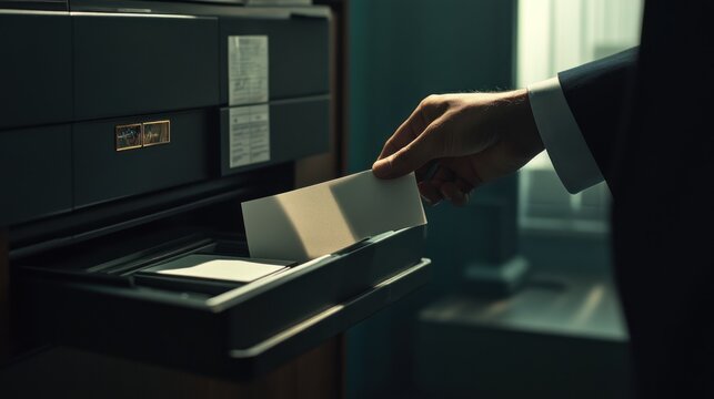 A Businessman Inserts a Document into a Secure Filing Cabinet
