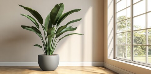 A tranquil indoor setting with a potted plant beside a sunlit window, emphasizing clean lines and natural light in a minimalist room