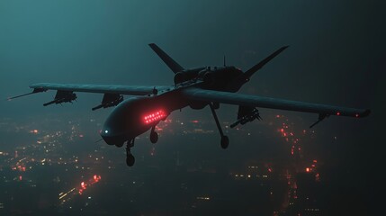 Naklejka premium Night Drone Over Cityscape - Futuristic Military Aircraft