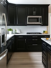 Modern kitchen shows a sleek design with dark cabinets