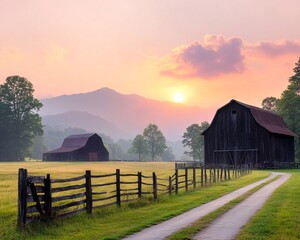 Rustic barns on a country road at sunrise, misty mountains in the background