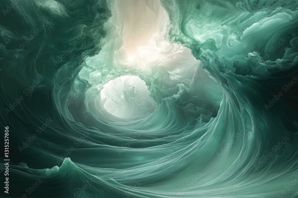 Poster abstract teal waves creating a swirling tunnel leading to a bright light, a mesmerizing digital art 
