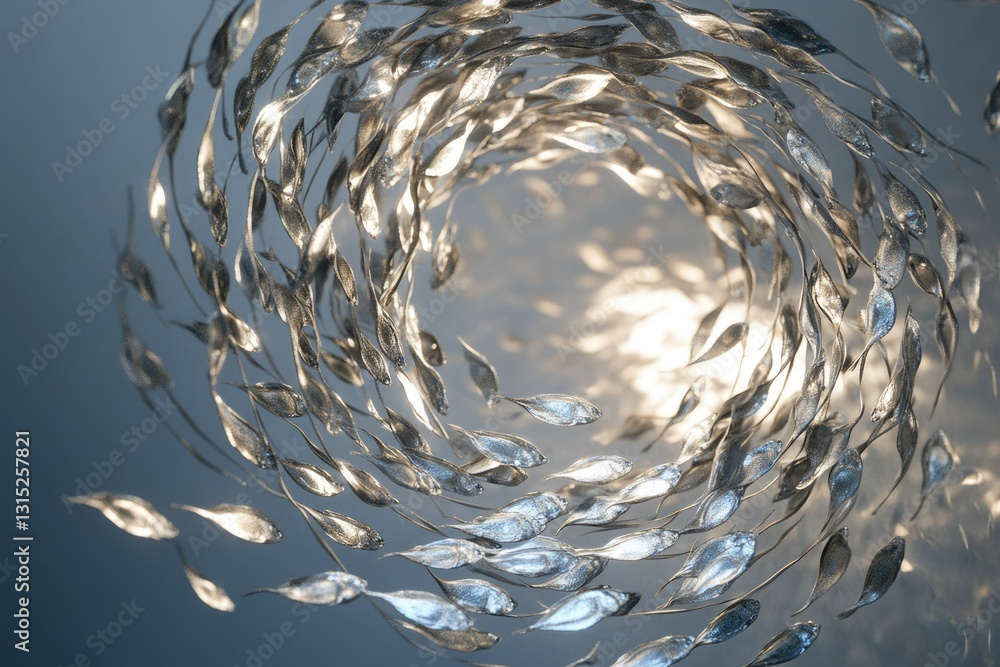 Poster a mesmerizing swirl of silver fish, creating a dynamic and elegant underwater scene.