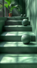 Obraz premium Sunlight streams down a modern, green staircase with decorative spheres.