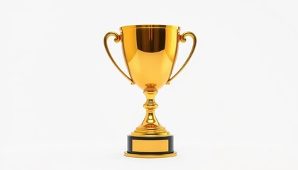 Gleaming golden trophy cup, isolated on pure white background, luxury, winning