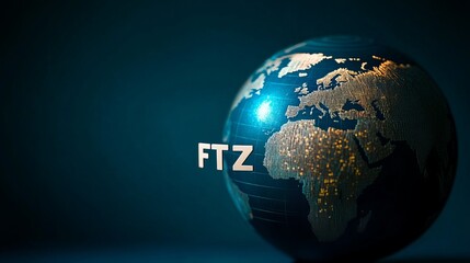 Fototapeta premium A digital illustration of a globe emphasizing FTZ letters, highlighting Africa. The design features illumination and a dark background, perfect for global themes.