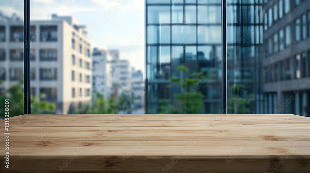 Poster empty wooden table in front of blurred office window with city view product placement