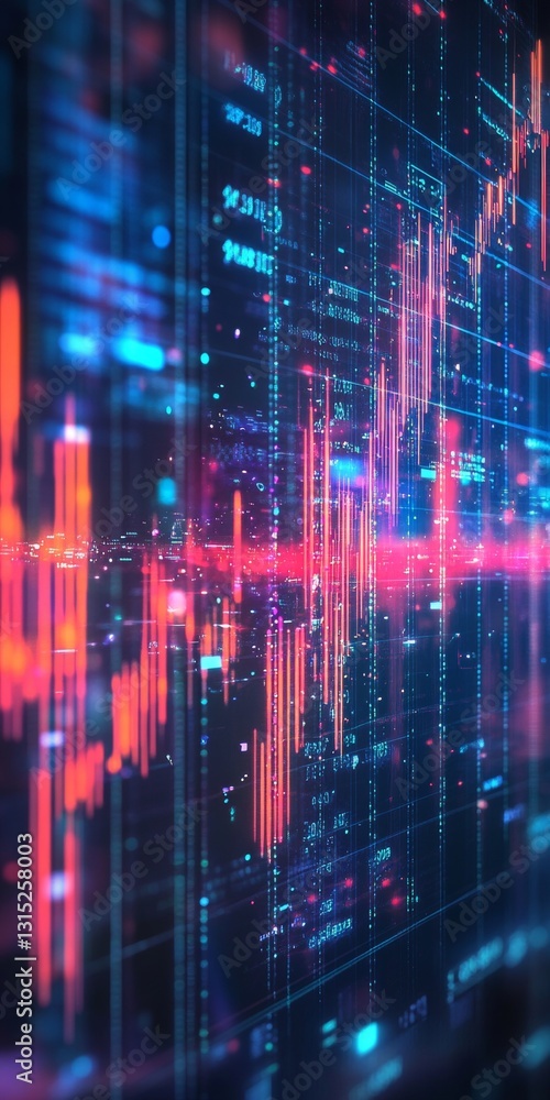 Poster abstract digital data visualization with colorful graphs and bright neon patterns