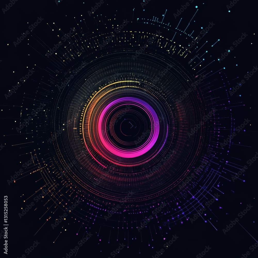 Aufkleber a colorful circle with many dots in it. the circle is surrounded by a dark background. the circle is