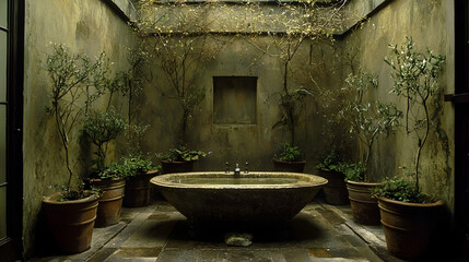 Serene stone bath in a sunlit, plant-filled courtyard.  Spa relaxation