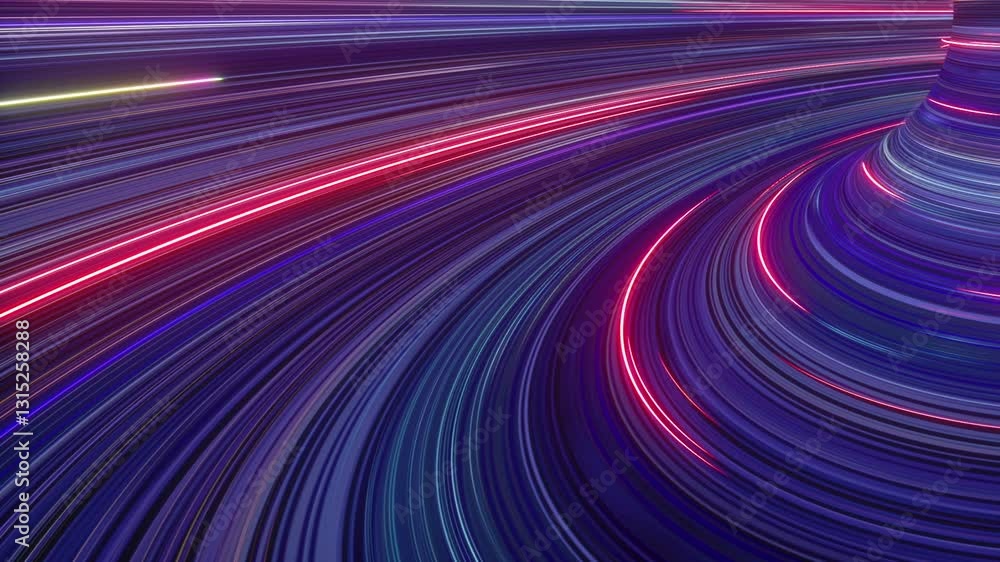 Poster loop 3d animation, abstract background with fluorescent lines glowing in ultraviolet light and spinn