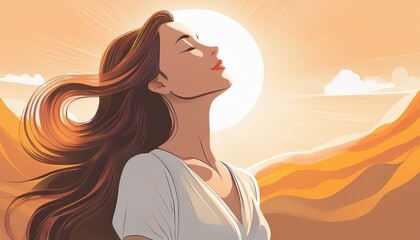 vector ilustration of calm. only 3 pastel colors. Woman looking up to the sun. Long hair