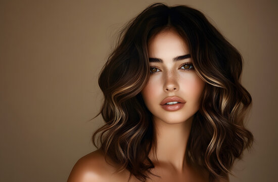 Beautiful brunette Woman with hair coloring balayage and shatush . with medium length soft wavy hair , modern look . Beautiful girl model with curly hairstyle