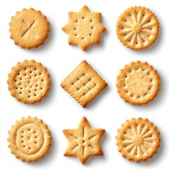 A vibrant mix of baked crackers in different shapes—circles, triangles, stars, and squares—neatly arranged on a white background