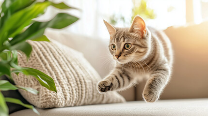 A playful tabby cat leaps gracefully in a cozy living room