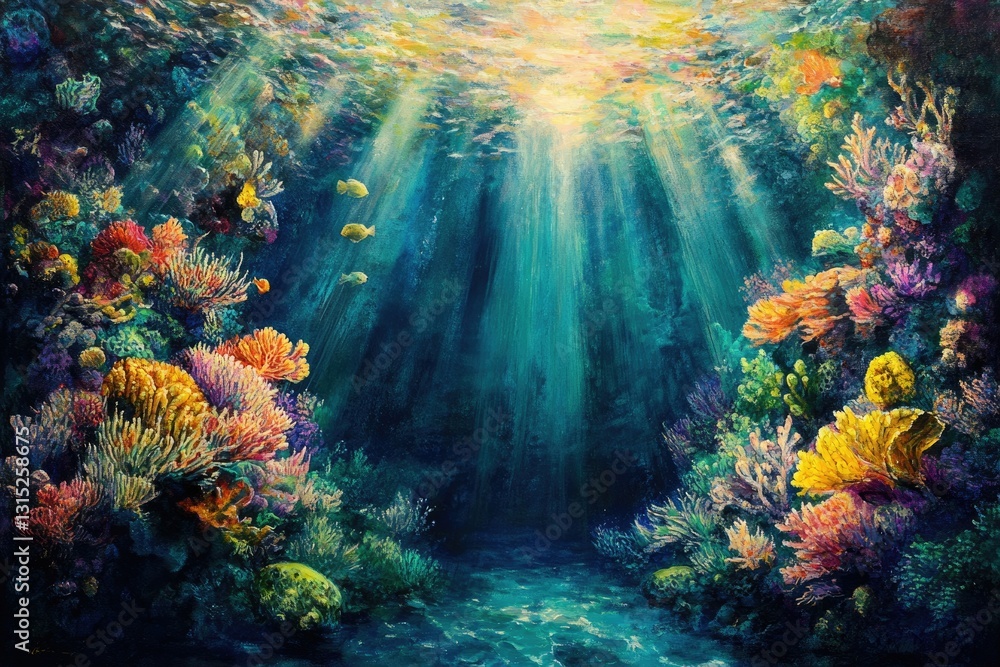 Poster vibrant coral reef teeming with life, bathed in sunlight filtering through the ocean's surface.