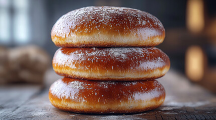Freshly baked round buns stacked high