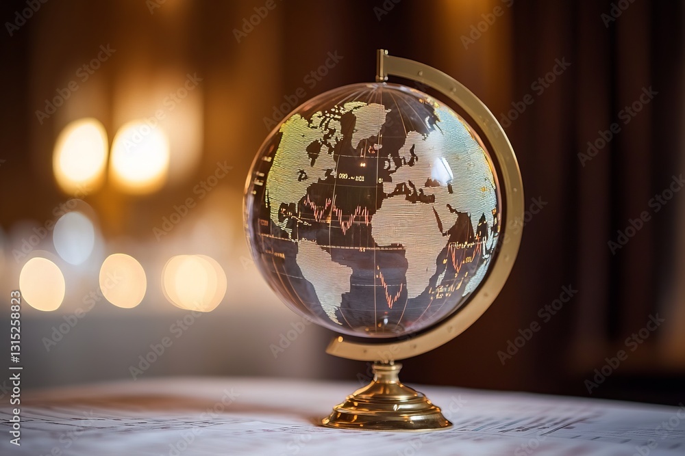 Poster a stunning globe showcasing the world map with candlestick patterns, set against a soft background. 