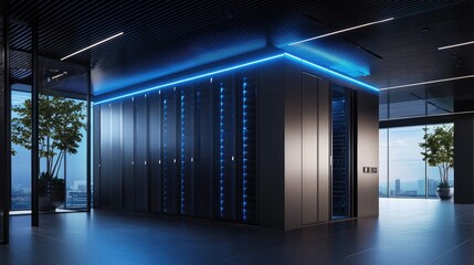 A futuristic data center with blue-lit server racks in a sleek office space, blending technology with modern architecture. Ideal for IT, cloud computing, and cybersecurity concepts